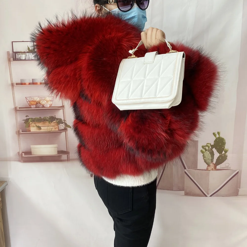 Real Natural Raccoon Jacket Women's Fashion Coats Real Fur Coat Round Neck Warm Thick Hoodie Detachable New Style