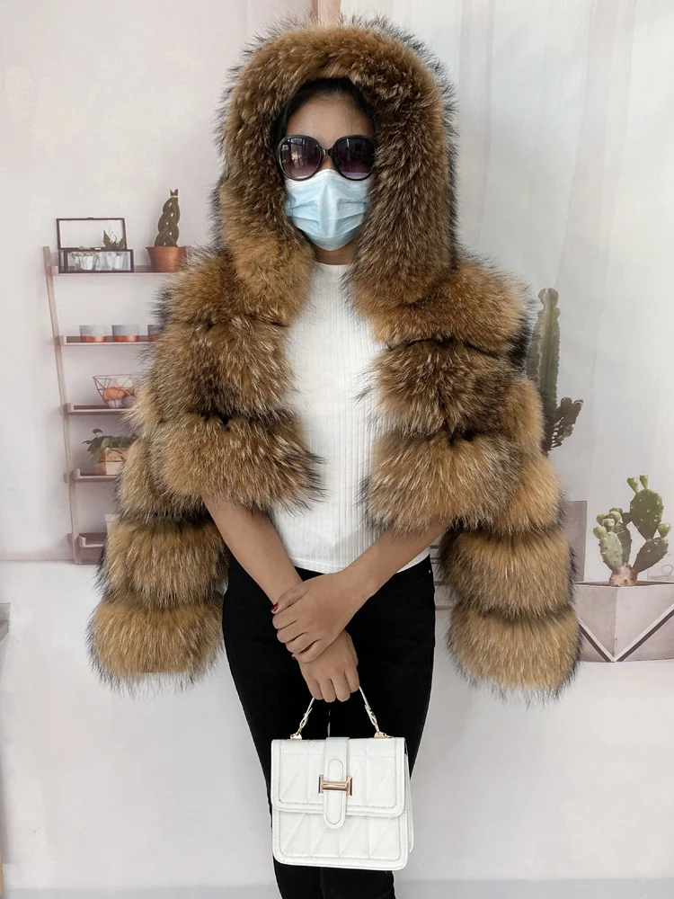Real Natural Raccoon Jacket Women's Fashion Coats Real Fur Coat Round Neck Warm Thick Hoodie Detachable New Style