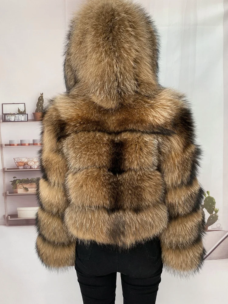 Real Natural Raccoon Jacket Women's Fashion Coats Real Fur Coat Round Neck Warm Thick Hoodie Detachable New Style