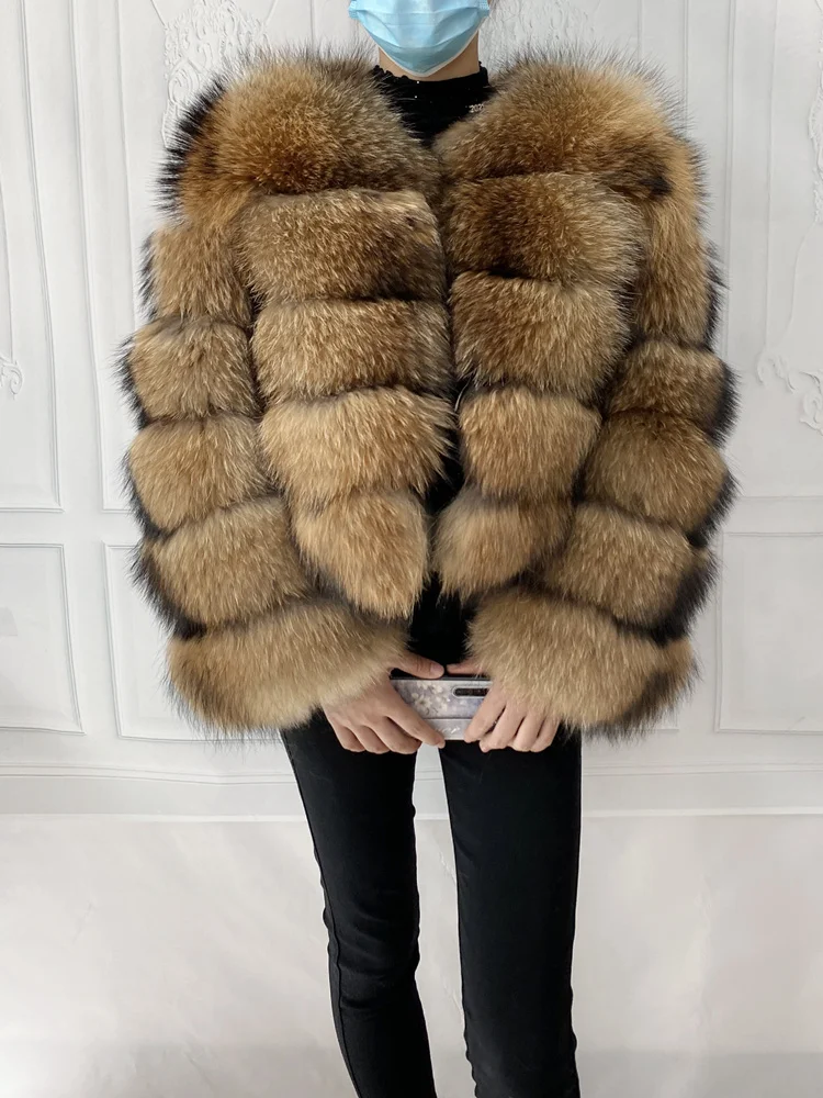 Real Natural Raccoon Jacket Women's Fashion Coats Real Fur Coat Round Neck Warm Thick Hoodie Detachable New Style