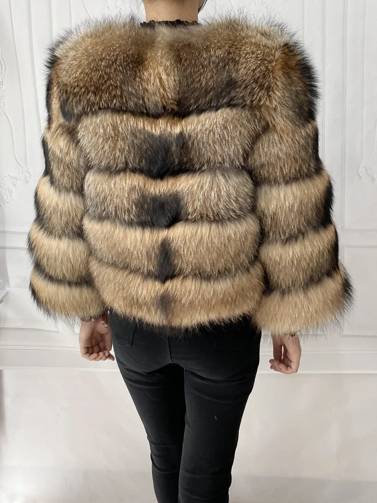 Real Natural Raccoon Jacket Women's Fashion Coats Real Fur Coat Round Neck Warm Thick Hoodie Detachable New Style