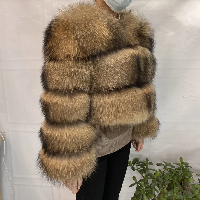 Real Natural Raccoon Jacket Women's Fashion Coats Real Fur Coat Round Neck Warm Thick Hoodie Detachable New Style