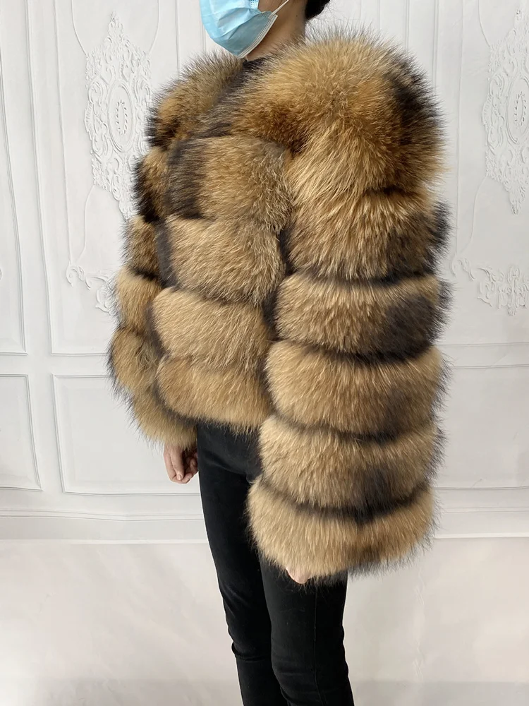 Real Natural Raccoon Jacket Women's Fashion Coats Real Fur Coat Round Neck Warm Thick Hoodie Detachable New Style