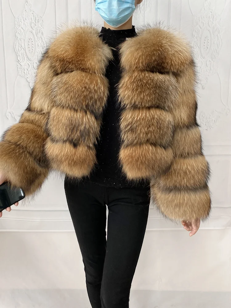 Real Natural Raccoon Jacket Women's Fashion Coats Real Fur Coat Round Neck Warm Thick Hoodie Detachable New Style