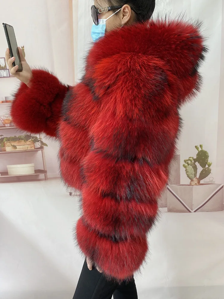 Real Natural Raccoon Jacket Women's Fashion Coats Real Fur Coat Round Neck Warm Thick Hoodie Detachable New Style