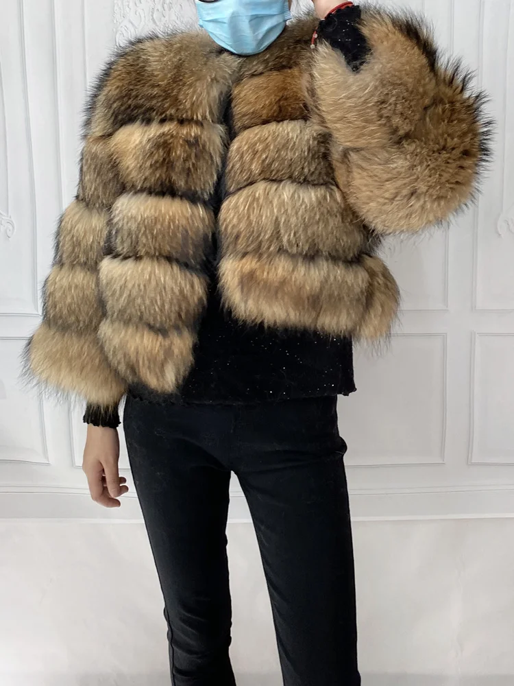 Real Natural Raccoon Jacket Women's Fashion Coats Real Fur Coat Round Neck Warm Thick Hoodie Detachable New Style