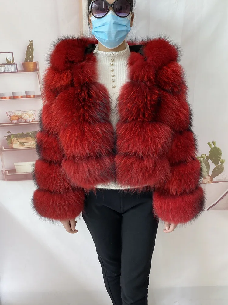 Real Natural Raccoon Jacket Women's Fashion Coats Real Fur Coat Round Neck Warm Thick Hoodie Detachable New Style