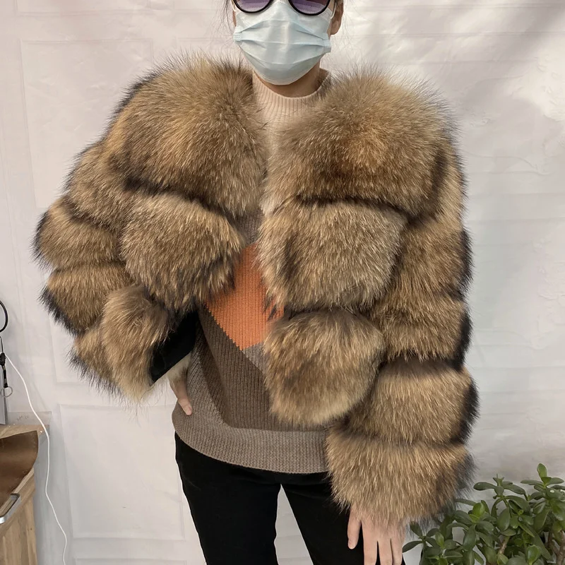 Real Natural Raccoon Jacket Women's Fashion Coats Real Fur Coat Round Neck Warm Thick Hoodie Detachable New Style