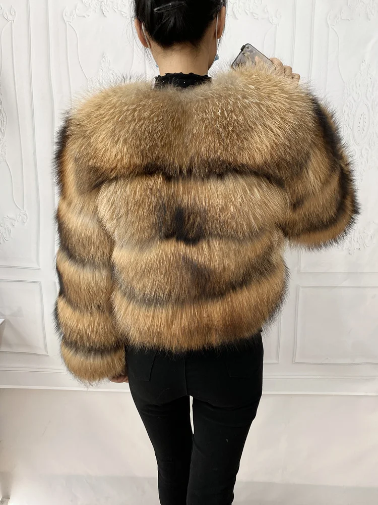 Real Natural Raccoon Jacket Women's Fashion Coats Real Fur Coat Round Neck Warm Thick Hoodie Detachable New Style