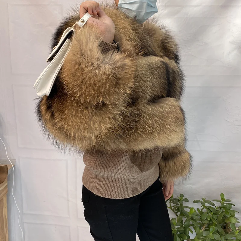 Real Natural Raccoon Jacket Women's Fashion Coats Real Fur Coat Round Neck Warm Thick Hoodie Detachable New Style