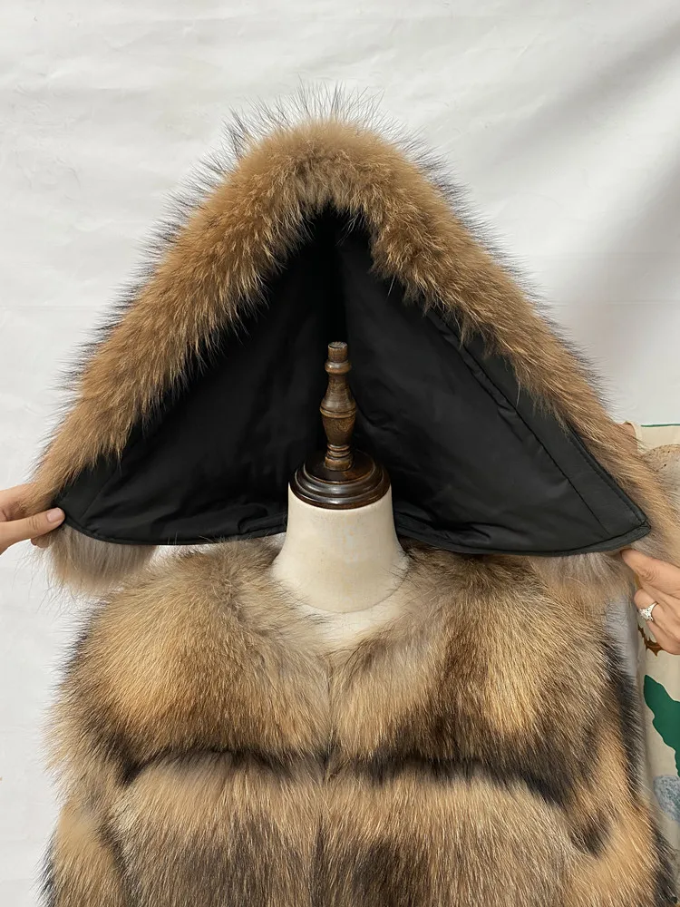 Real Natural Raccoon Jacket Women's Fashion Coats Real Fur Coat Round Neck Warm Thick Hoodie Detachable New Style