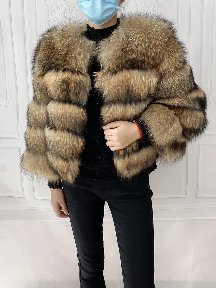 Real Natural Raccoon Jacket Women's Fashion Coats Real Fur Coat Round Neck Warm Thick Hoodie Detachable New Style