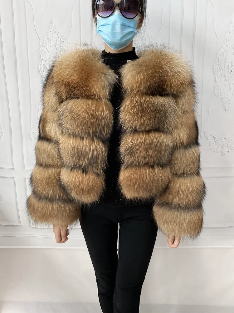 Real Natural Raccoon Jacket Women's Fashion Coats Real Fur Coat Round Neck Warm Thick Hoodie Detachable New Style