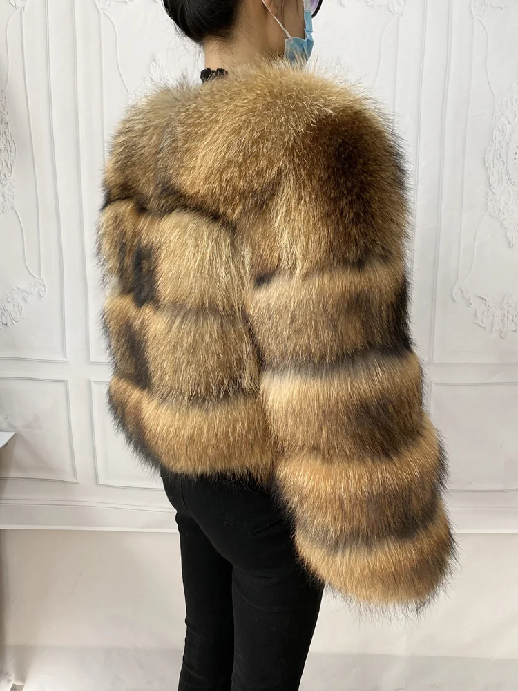 Real Natural Raccoon Jacket Women's Fashion Coats Real Fur Coat Round Neck Warm Thick Hoodie Detachable New Style
