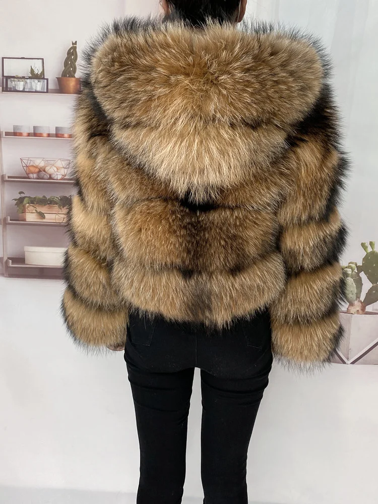 Real Natural Raccoon Jacket Women's Fashion Coats Real Fur Coat Round Neck Warm Thick Hoodie Detachable New Style