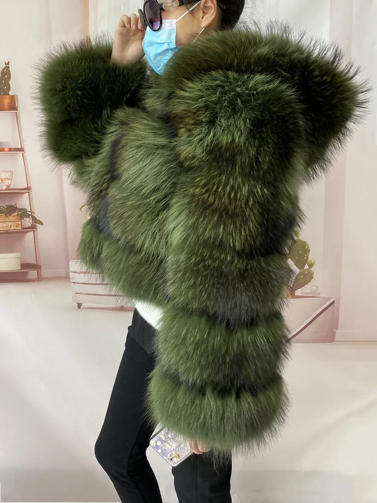 Real Natural Raccoon Jacket Women's Fashion Coats Real Fur Coat Round Neck Warm Thick Hoodie Detachable New Style