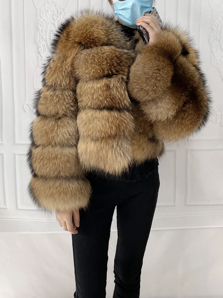 Real Natural Raccoon Jacket Women's Fashion Coats Real Fur Coat Round Neck Warm Thick Hoodie Detachable New Style