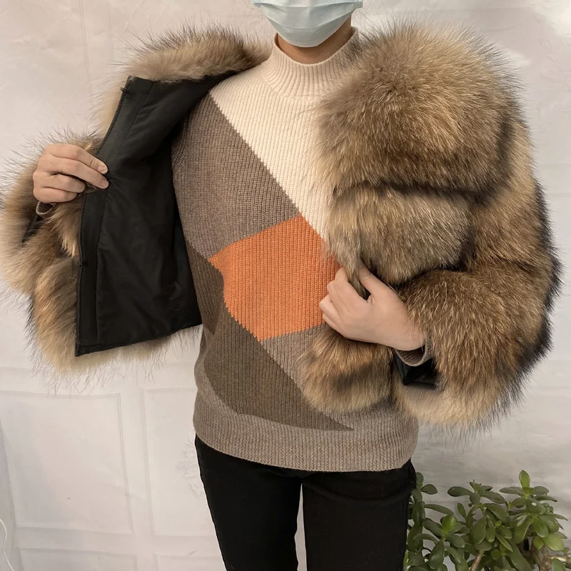 Real Natural Raccoon Jacket Women's Fashion Coats Real Fur Coat Round Neck Warm Thick Hoodie Detachable New Style