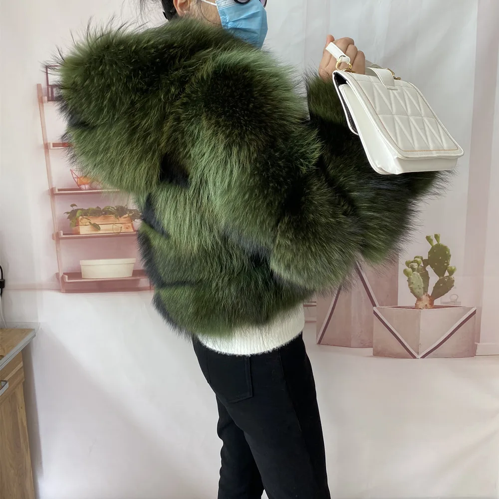 Real Natural Raccoon Jacket Women's Fashion Coats Real Fur Coat Round Neck Warm Thick Hoodie Detachable New Style