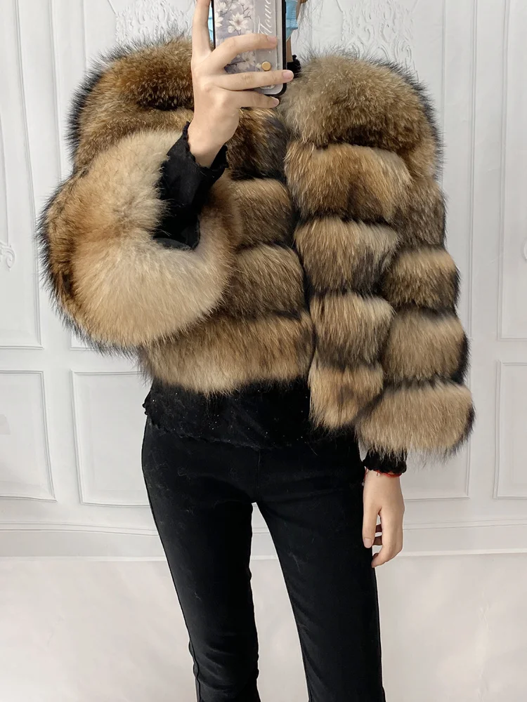 Real Natural Raccoon Jacket Women's Fashion Coats Real Fur Coat Round Neck Warm Thick Hoodie Detachable New Style