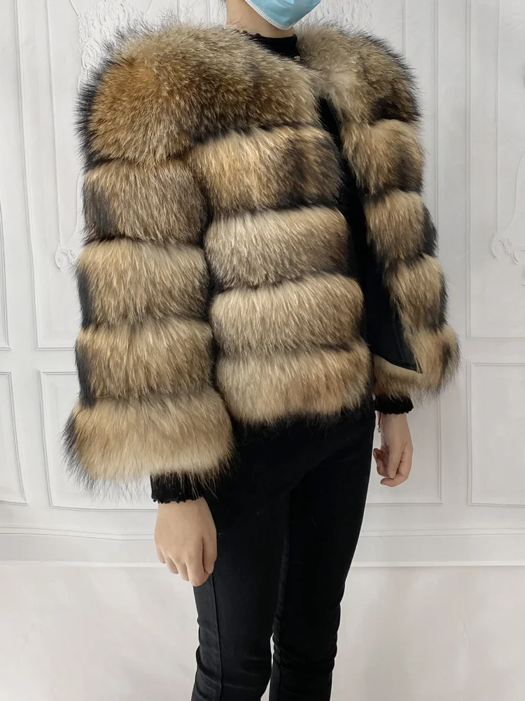 Real Natural Raccoon Jacket Women's Fashion Coats Real Fur Coat Round Neck Warm Thick Hoodie Detachable New Style