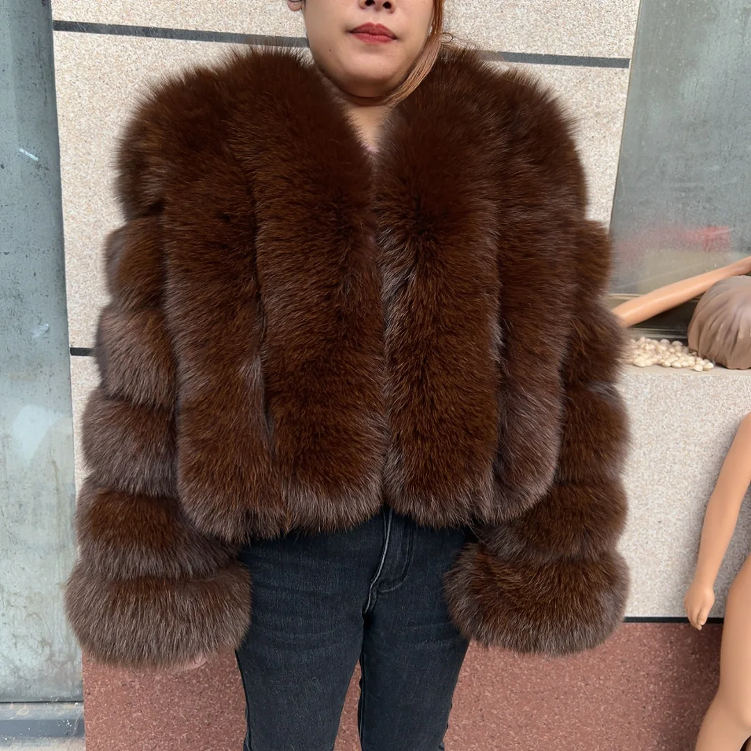 Women's Real Fox Fur Coat Winter Fashion Short Vertical Natural Fox Fur Raccoon Fur Jacket HUA QIU MEI SI