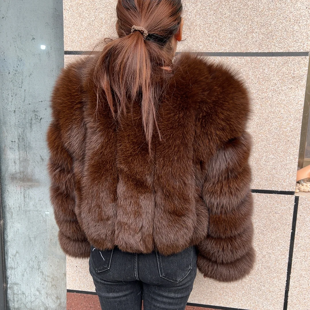 Women's Real Fox Fur Coat Winter Fashion Short Vertical Natural Fox Fur Raccoon Fur Jacket HUA QIU MEI SI