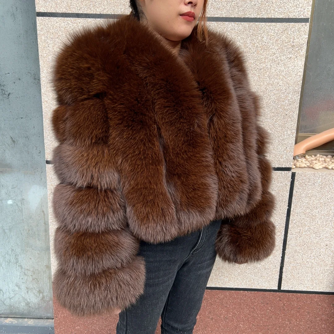 Women's Real Fox Fur Coat Winter Fashion Short Vertical Natural Fox Fur Raccoon Fur Jacket HUA QIU MEI SI