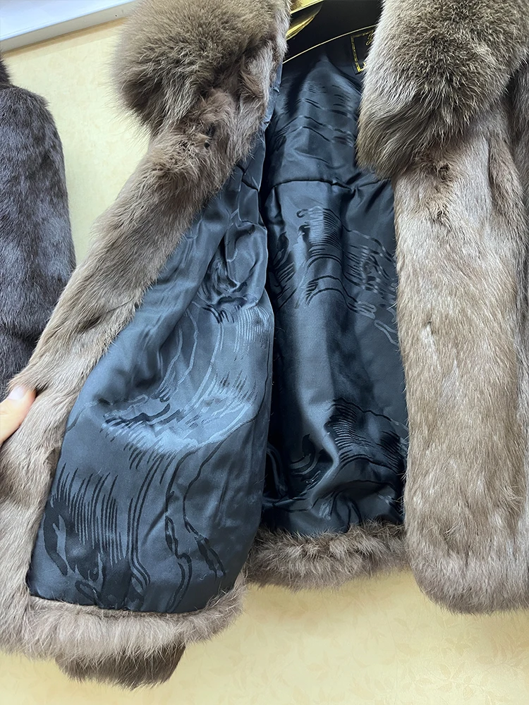 100% Genuine Whole Skin Real Rabbit Fur Coat With Luxury Natural Fox Fur Collar Jacket Full Pelt Rabbit Fur Overcoat