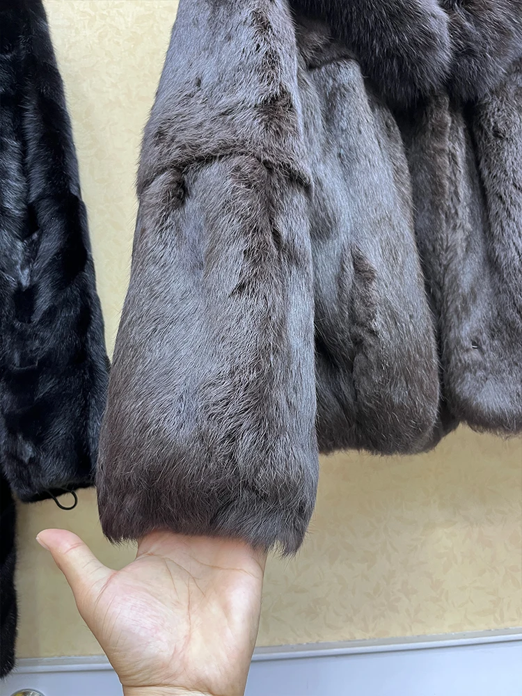 100% Genuine Whole Skin Real Rabbit Fur Coat With Luxury Natural Fox Fur Collar Jacket Full Pelt Rabbit Fur Overcoat