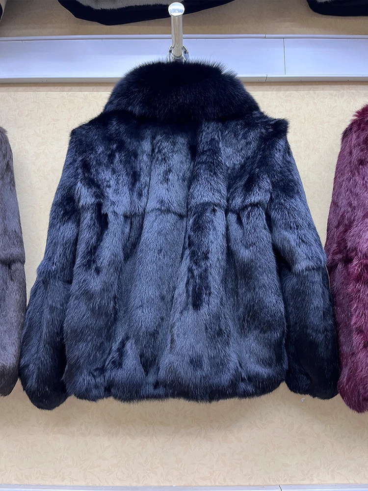 100% Genuine Whole Skin Real Rabbit Fur Coat With Luxury Natural Fox Fur Collar Jacket Full Pelt Rabbit Fur Overcoat