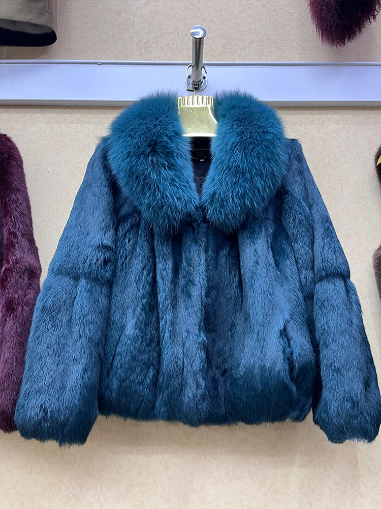 100% Genuine Whole Skin Real Rabbit Fur Coat With Luxury Natural Fox Fur Collar Jacket Full Pelt Rabbit Fur Overcoat