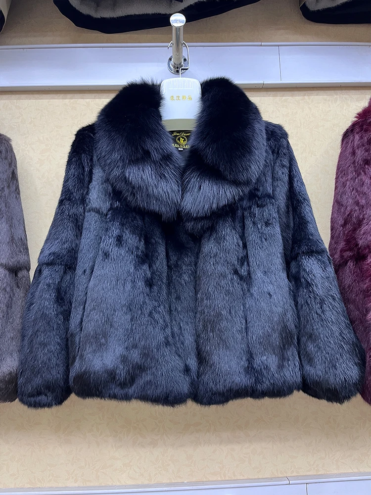 100% Genuine Whole Skin Real Rabbit Fur Coat With Luxury Natural Fox Fur Collar Jacket Full Pelt Rabbit Fur Overcoat