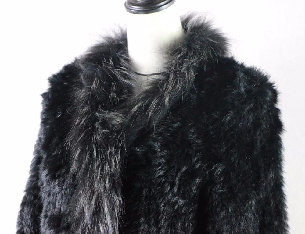 Harppihop rabbit fur Genuine Knitted coat for Women Raccoon Fur collar Jacket Trench Outwear fashion street party jacketC918