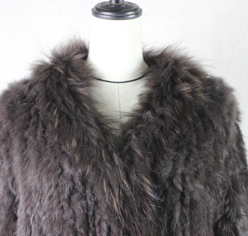 Harppihop rabbit fur Genuine Knitted coat for Women Raccoon Fur collar Jacket Trench Outwear fashion street party jacketC918