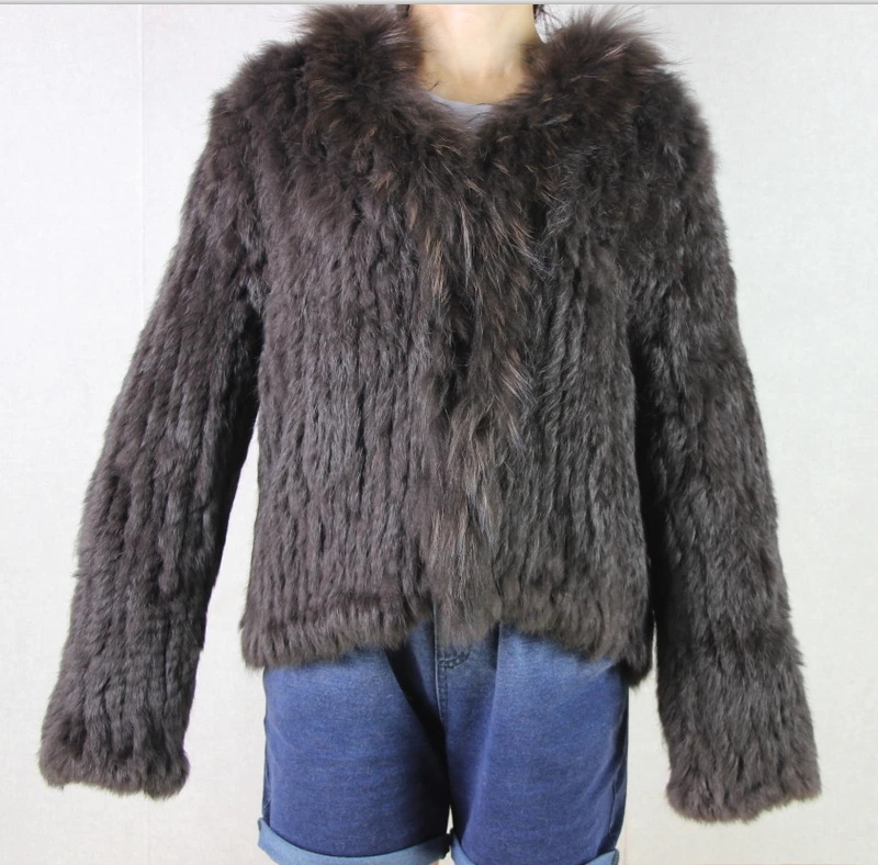 Harppihop rabbit fur Genuine Knitted coat for Women Raccoon Fur collar Jacket Trench Outwear fashion street party jacketC918
