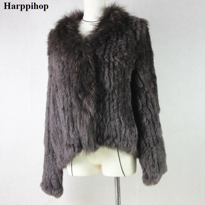 Harppihop rabbit fur Genuine Knitted coat for Women Raccoon Fur collar Jacket Trench Outwear fashion street party jacketC918