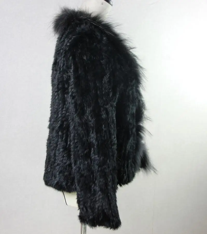 Harppihop rabbit fur Genuine Knitted coat for Women Raccoon Fur collar Jacket Trench Outwear fashion street party jacketC918