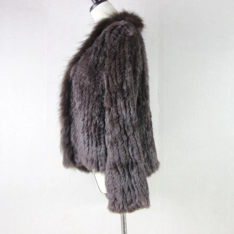 Harppihop rabbit fur Genuine Knitted coat for Women Raccoon Fur collar Jacket Trench Outwear fashion street party jacketC918
