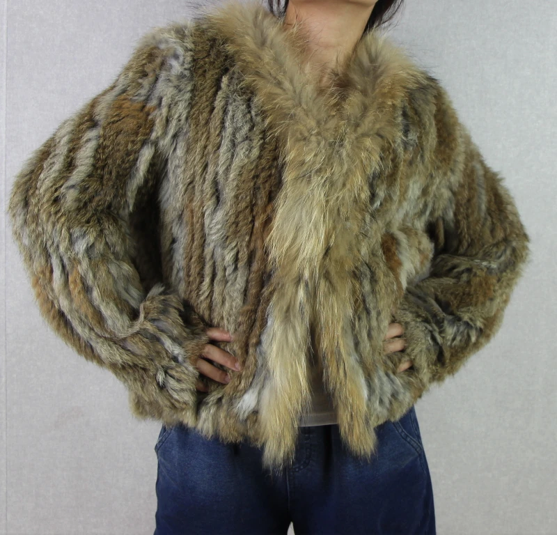 Harppihop rabbit fur Genuine Knitted coat for Women Raccoon Fur collar Jacket Trench Outwear fashion street party jacketC918