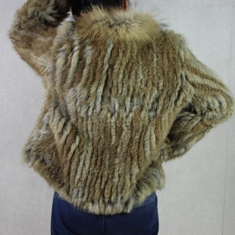 Harppihop rabbit fur Genuine Knitted coat for Women Raccoon Fur collar Jacket Trench Outwear fashion street party jacketC918