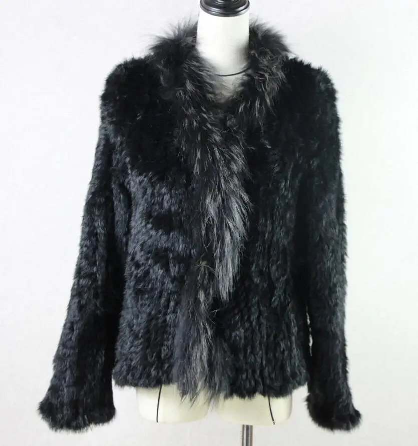 Harppihop rabbit fur Genuine Knitted coat for Women Raccoon Fur collar Jacket Trench Outwear fashion street party jacketC918