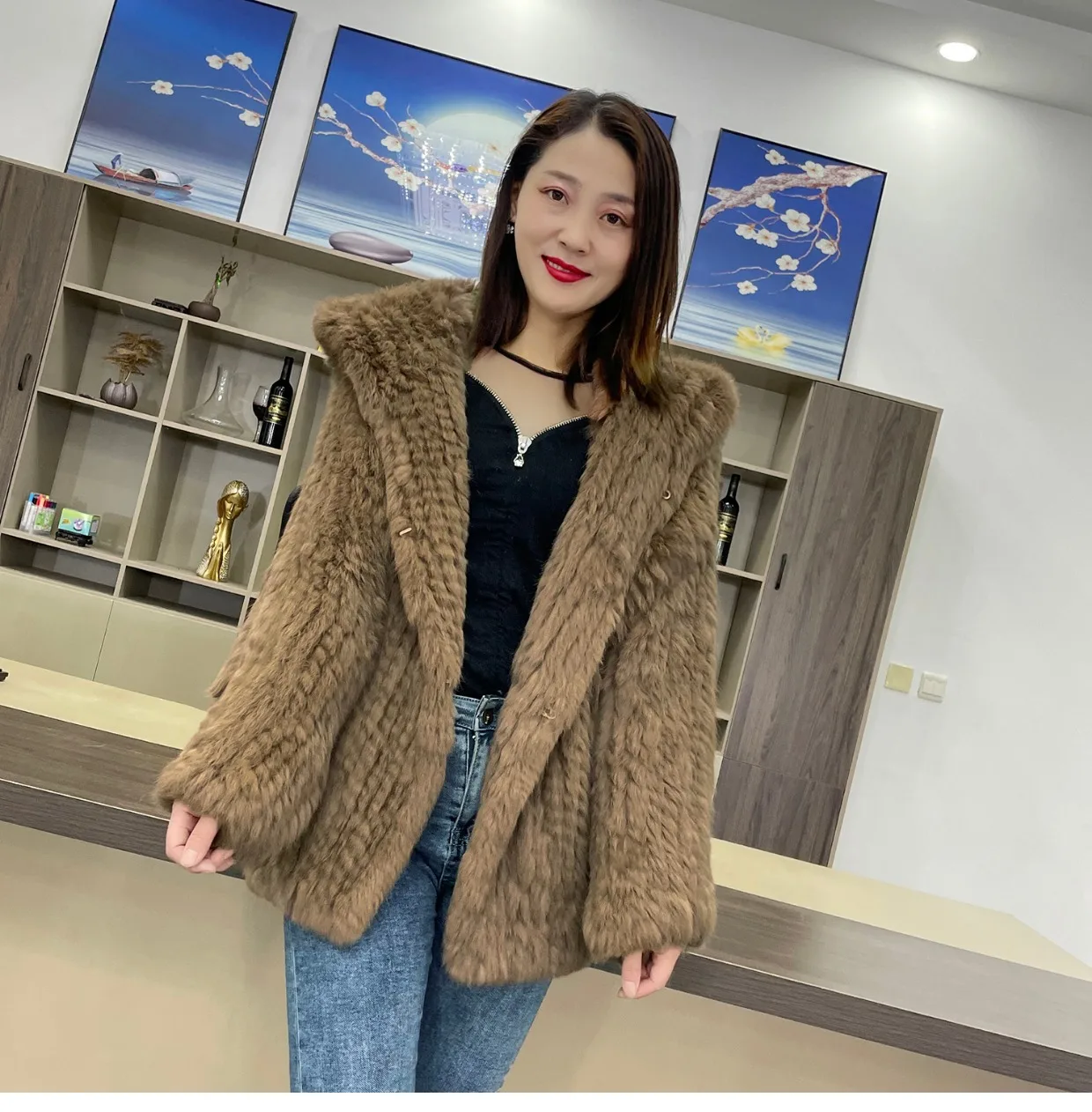 MPPM Natural Rabbit Fur Coat Women Real Rabbit Fur Hooded Coat Long Sleeve Women's Jacket Casual Loose Knitted Fur Jacket