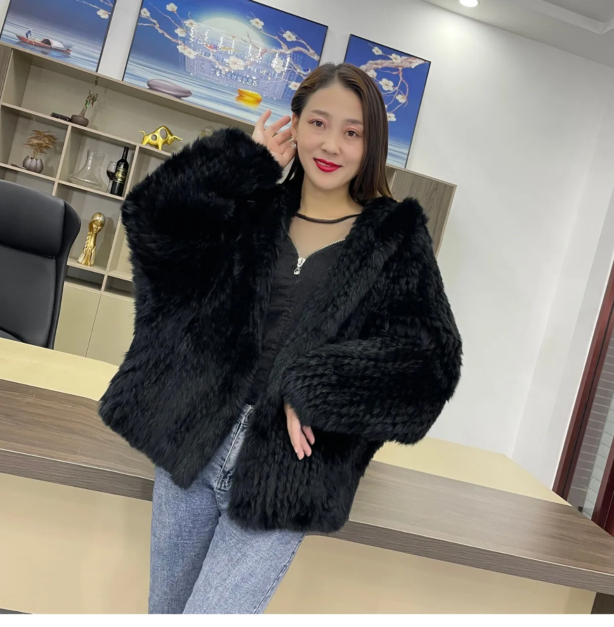 MPPM Natural Rabbit Fur Coat Women Real Rabbit Fur Hooded Coat Long Sleeve Women's Jacket Casual Loose Knitted Fur Jacket