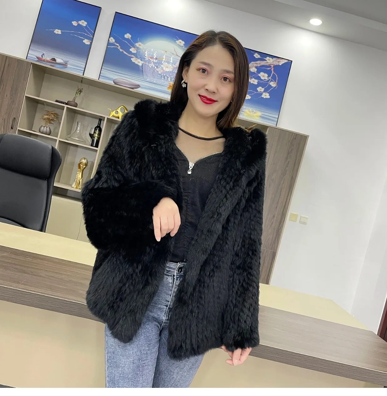 MPPM Natural Rabbit Fur Coat Women Real Rabbit Fur Hooded Coat Long Sleeve Women's Jacket Casual Loose Knitted Fur Jacket