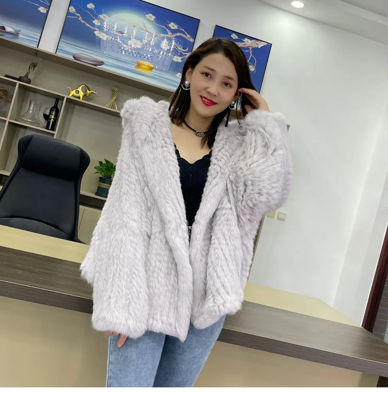 MPPM Natural Rabbit Fur Coat Women Real Rabbit Fur Hooded Coat Long Sleeve Women's Jacket Casual Loose Knitted Fur Jacket