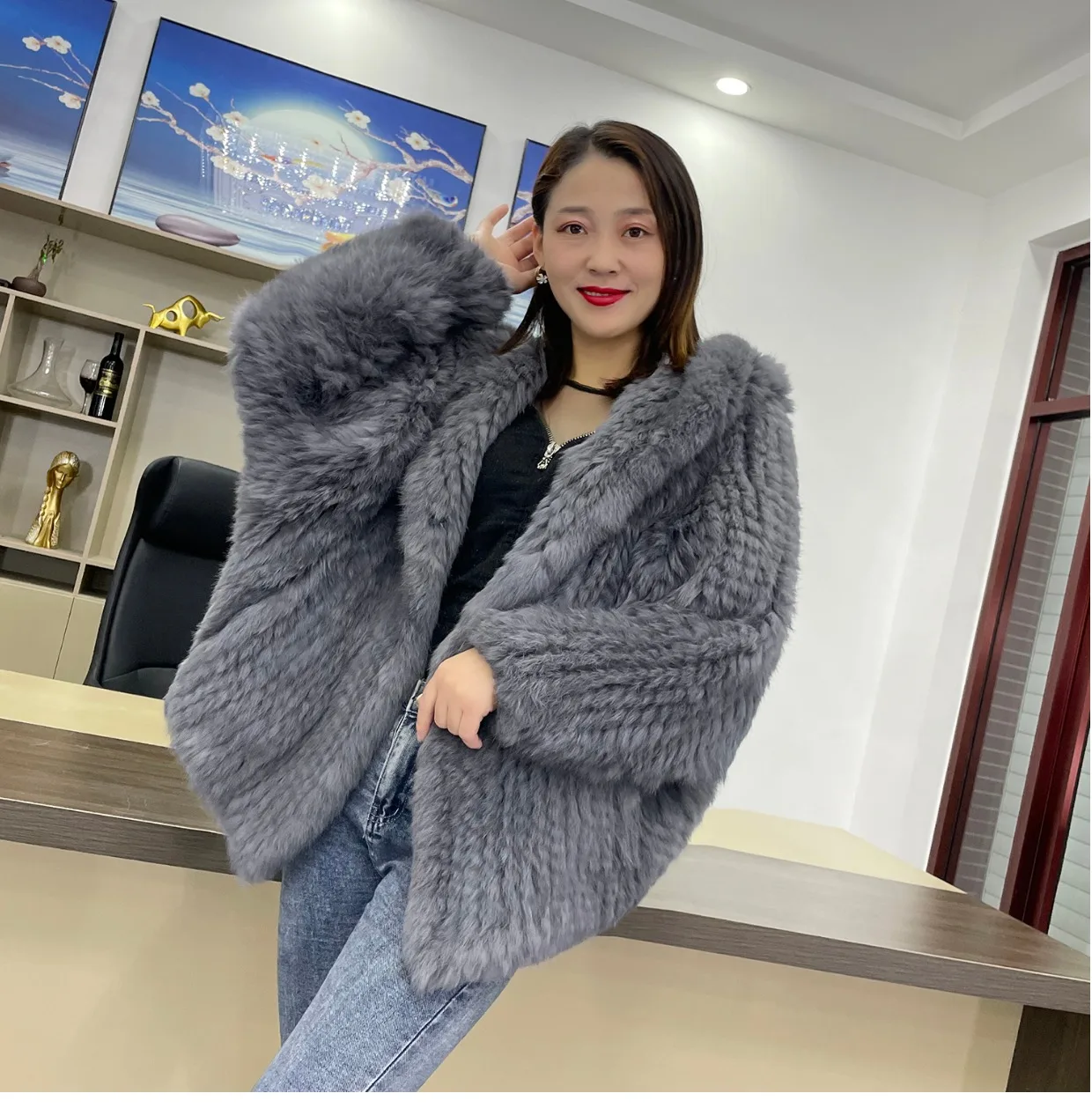 MPPM Natural Rabbit Fur Coat Women Real Rabbit Fur Hooded Coat Long Sleeve Women's Jacket Casual Loose Knitted Fur Jacket