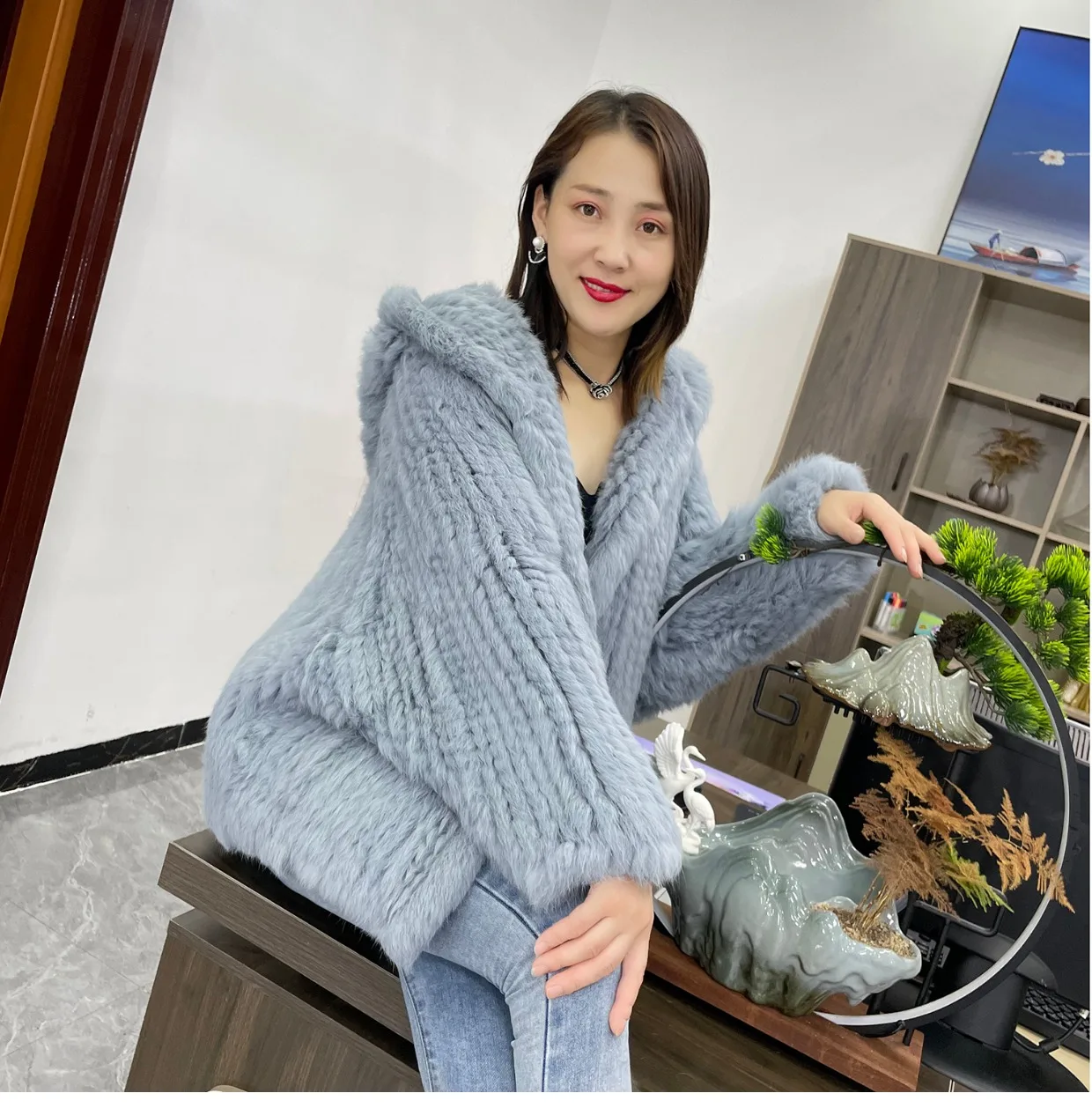 MPPM Natural Rabbit Fur Coat Women Real Rabbit Fur Hooded Coat Long Sleeve Women's Jacket Casual Loose Knitted Fur Jacket