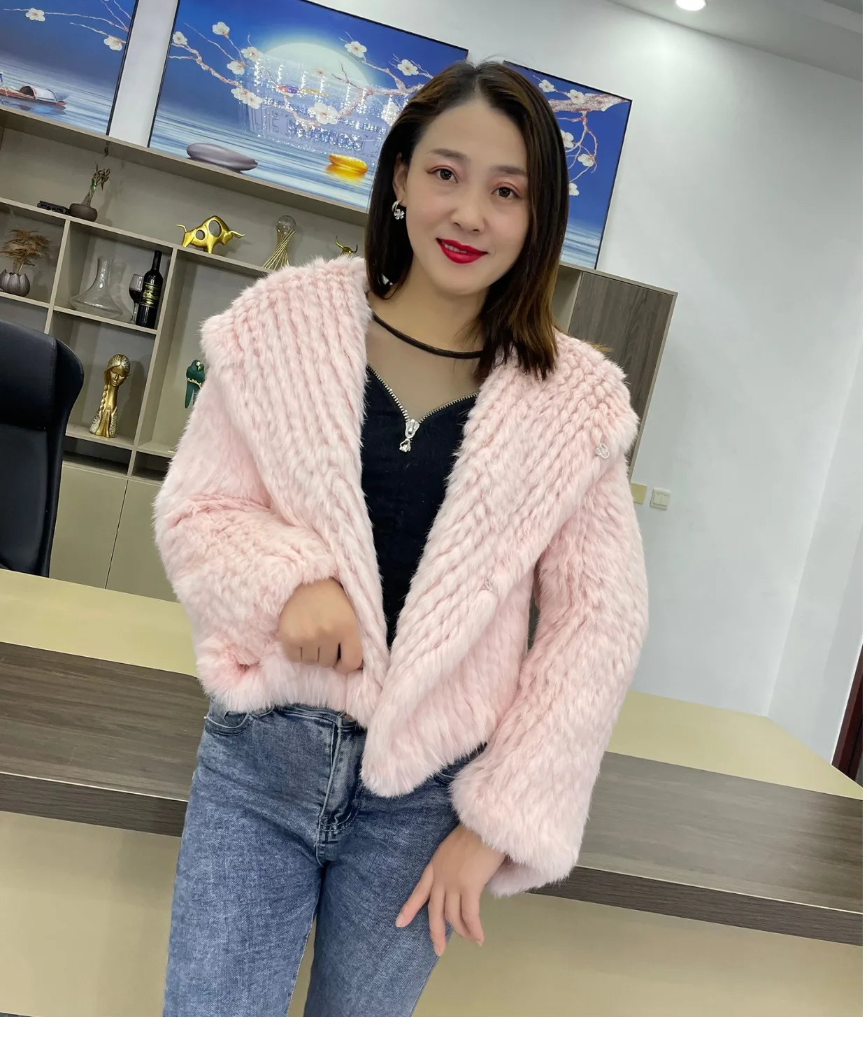 MPPM Natural Rabbit Fur Coat Women Real Rabbit Fur Hooded Coat Long Sleeve Women's Jacket Casual Loose Knitted Fur Jacket