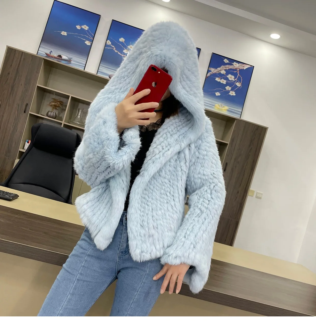 MPPM Natural Rabbit Fur Coat Women Real Rabbit Fur Hooded Coat Long Sleeve Women's Jacket Casual Loose Knitted Fur Jacket